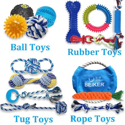 Beiker Dog Teething Chew Toys - 15 Pack Small Medium Breed Puppy Toy, Variety Dogs Rope Chew Toys Bundle for Boredom, Pet Interactive Squeaky Treat Dispensing Ball for Puppies