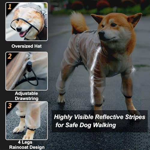 Olsa Dog Raincoat, Dog Hooded Slicker Poncho, 4 Legs Rain Jacket with Reflective Stripe, Water Proof Rain Snow Clothes with Hood for Small Medium Dogs - color: White, size: M