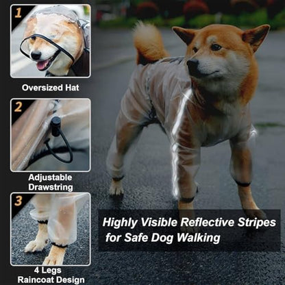 Olsa Dog Raincoat, Dog Hooded Slicker Poncho, 4 Legs Rain Jacket with Reflective Stripe, Water Proof Rain Snow Clothes with Hood for Small Medium Dogs - color: White, size: M