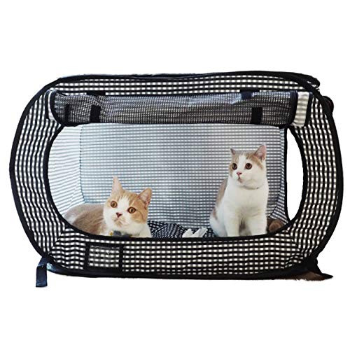 Necoichi Stress-Free Enclosure Cat Travel Carrier Cage 31.8" L x 20.0" W x 20.0" H Collapsible Gray White Stripes | Pop up Kannel, Crates - style: Cage