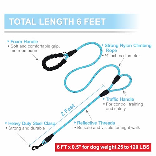 Dog Leash Heavy Duty 6ft, Double Handle Dog Leash with Padded Handle for Traffic Control, Reflective Rope Leashes for Large and Medium Dogs Night Control Safety Training (Baby Blue) - color: Baby Blue (25 to 120 lbs)