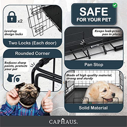 CAPHAUS Foldable Dog Crate Wire Metal Dog Kennel w/Divider Panel, Leak-Proof Pan & Protecting Feet, Single & Double Door, Small, Medium & Large Dog Crate Indoor Wire Dog Cage, 30” w/Classic Lock - size: 30.0"L x 18.9"W x 20.9"H