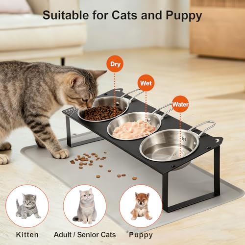 Elevated Cat Bowls with Food Mat, 10°Tilted Non-Slip Raised Cat Food Water Bowls Set, 3 Thick Stainless Steel Pets Dishes with Handles to Indoor Kitten Puppy, Anti-Vomiting Cute Metal Feeding Stand - color: Black-3Bowls-Handles