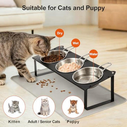 Elevated Cat Bowls with Food Mat, 10°Tilted Non-Slip Raised Cat Food Water Bowls Set, 3 Thick Stainless Steel Pets Dishes with Handles to Indoor Kitten Puppy, Anti-Vomiting Cute Metal Feeding Stand - color: Black-3Bowls-Handles