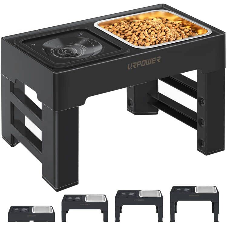 URPOWER 2-in-1 Elevated Dog Bowls 4 Height Adjustable Raised Dog Bowls with No Spill Water Bowl and Stainless Steel Food Bowl Non-Slip Stand for Small Medium Large Dogs - color: Black, size: No Spill Water Bowl