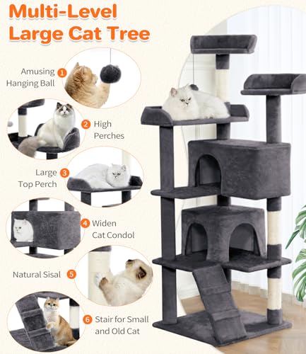 Made4Pets Cat Tree Tower 56in Cat Tower for Indoor Cats Kitten Tree Multi-Level Cat Tree with 2 Condo Furniture Activity Center with Scratching Posts Funny Toys Kittens Pet Play House, Grey - color: Grey