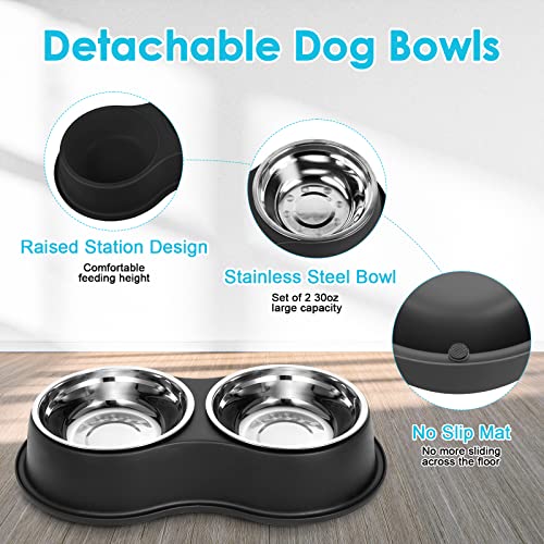 Epetslove Dog Bowls Large Double Dog Water and Food Bowls Stainless Steel Bowls with Non-Slip Resin Station, Pet Feeder Bowls Food Dish for Small Medium Large Dogs Cats - color: 1.Black, size: Large-34oz