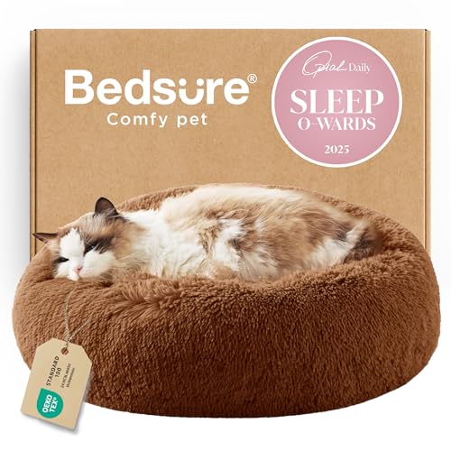 Bedsure Calming Cat Beds for Indoor Cats - Small Cat Bed Washable 20 inches, Anti-Slip Round Fluffy Plush Faux Fur Pet Bed, Fits up to 15 lbs Pets, Copper - color: Copper, size: 20"L x 20"W x 6"Th