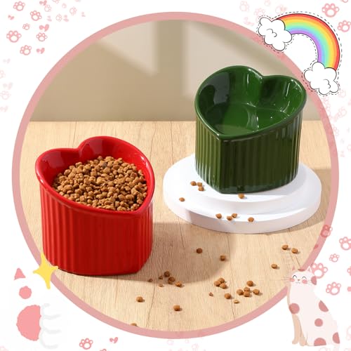 Mumufy 2 Pcs Ceramic Elevated Cat Bowls Tilted Elevated Raised Pet Bowls Anti Vomit Cat Dish for Indoor Stress Free Water Dish Feeder for Puppies, Heart Shaped (Red, Green) - color: Red, Green