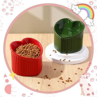 Mumufy 2 Pcs Ceramic Elevated Cat Bowls Tilted Elevated Raised Pet Bowls Anti Vomit Cat Dish for Indoor Stress Free Water Dish Feeder for Puppies, Heart Shaped (Red, Green) - color: Red, Green