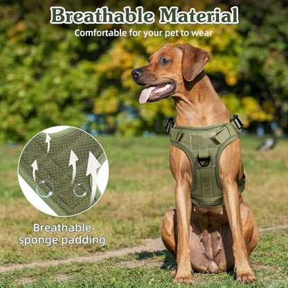 VavoPaw Heavy Duty Tactical Dog Harness for Large Dogs, No Pull Adjustable Pet Harness Reflective Service Training Easy Control Pet Vest Military K9 Working Dog Harnesses, Army Green, L