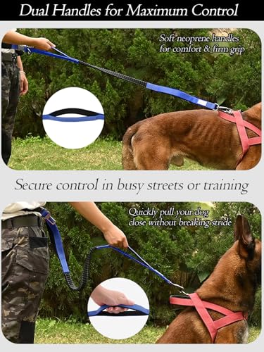 Hands Free Dog Leash with Zipper Pouch & Waist Belt – Reflective Durable Bungee Leash with Dual Padded Handles for Walking, Jogging & Running, Fits Small to Large Dogs (Blue) - color: Blue