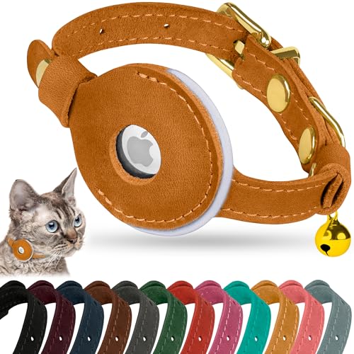 OOPSDOGGY Reflective Leather AirTag Cat Collar with Bell - Non Breakaway Adjustable Pet Collar with Apple Air Tag Holder - Lightweight GPS Kitten Collars for Small Dogs Puppy (Camel) - color: Camel
