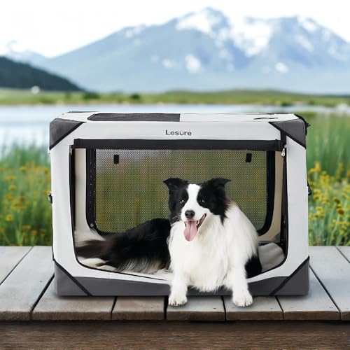 Lesure Collapsible Dog Crate - Portable Travel Kennel for Large Dog, 4-Door Pet Crate with Mesh Windows, Indoor & Outdoor, Light Gray - color: Light Grey, size: 36.0"L x 25.0"W x 25.0"H