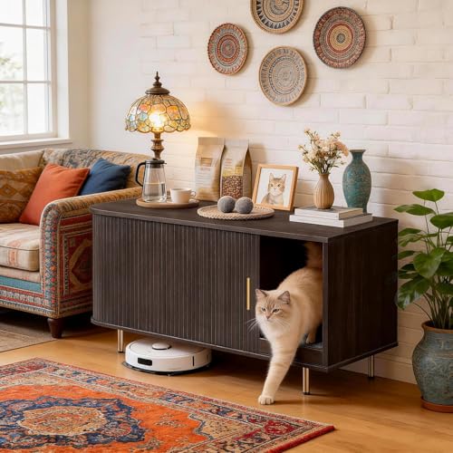 Cat Litter Box Enclosure with Scratch Pad, Sliding Door, 38.5" Cat Litter Furniture Hidden Litter Box Cabinet, Modern Indoor Cat House, TV Stand, Side End Table for Living Room (Dark Walnut) - color: Dark Walnut