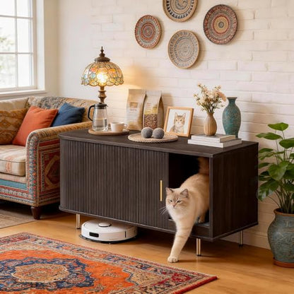 Cat Litter Box Enclosure with Scratch Pad, Sliding Door, 38.5" Cat Litter Furniture Hidden Litter Box Cabinet, Modern Indoor Cat House, TV Stand, Side End Table for Living Room (Dark Walnut) - color: Dark Walnut
