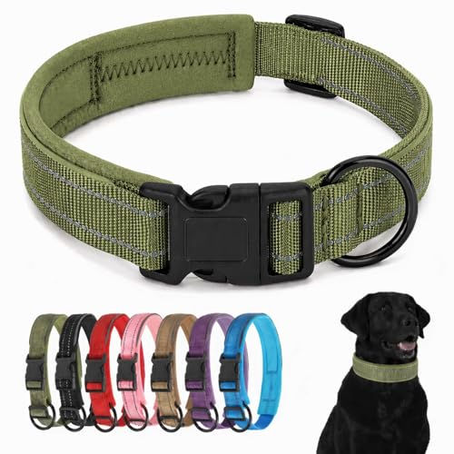 Large Reflective Dog Collar with Quick Release Plastic Buckle Padded Nylon Waterproof Adjustable Comfortable for Boy Large Dogs - color: Army Green, size: L：Width 1.18" Length 16.1-18.9"