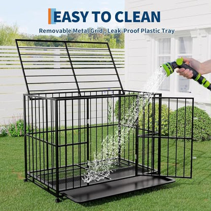 48 Inch Dog Crate for Large Sized Dogs, Heavy Duty Stainless Steel Indoor Kennel Escape Proof with Wheels and Removable Tray, Extra Large XL XXL Indestructible Dog Cage Stackable for High Anxiety Dogs - size: 48 inch