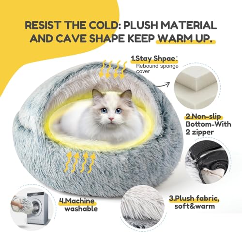 CATISM Cozy Cat Pod - Plush Hooded Cat Bed Cave, Self Warming, Removable Washable with Non-Slip Bottom - color: gray, size: 21.0"L x 21.0"W x 15.0"Th