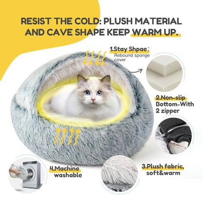 CATISM Cozy Cat Pod - Plush Hooded Cat Bed Cave, Self Warming, Removable Washable with Non-Slip Bottom - color: gray, size: 21.0"L x 21.0"W x 15.0"Th