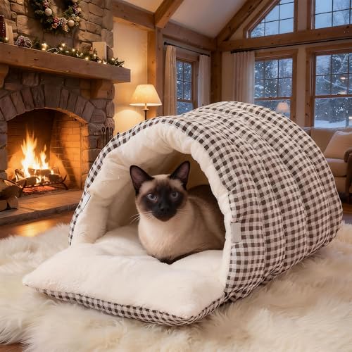 Small Cat Dog Cave Bed Calming Pet Nest Warm Plush Covered Cat House with Hooded Blanket Removable Hooded Blanket Cushion Washable Soft Calming Indoor Cat Bed(Gray, Medium) - color: Gray, size: Medium