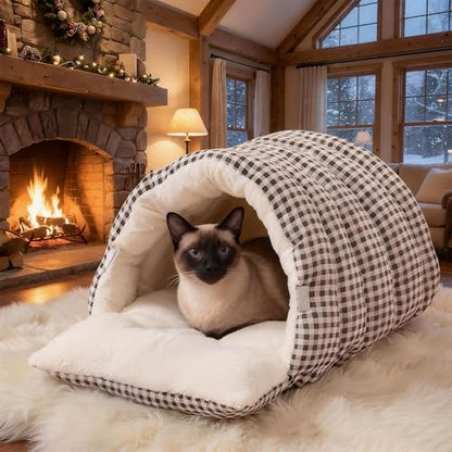 Small Cat Dog Cave Bed Calming Pet Nest Warm Plush Covered Cat House with Hooded Blanket Removable Hooded Blanket Cushion Washable Soft Calming Indoor Cat Bed(Gray, Medium) - color: Gray, size: Medium
