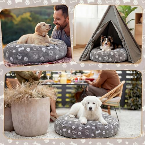 Oudain Washable Round Dog Bed Cover 30 x 30 x 10 Gray Paw Bone Prints Waterproof Dog Bed Cover Replacement for Round and Donut Dogs Beds Scratch Resistant Mattress Protector - size: 30" X 30" X 10", style: Gray Bone Paw Print