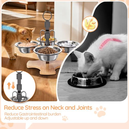 Adjustable Elevated Cat Bowls with Stand, 3 Height Raised Food & Water Bowl Set for Indoor Cats, 4 Stainless Steel Tilted Pet Dishes for Small Dogs, Non-Slip Feeding Station with Anti-Spill Design - size: 4 cat bowls