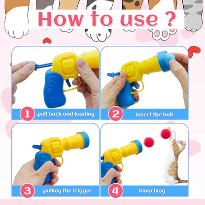 Jgalnim 100 Cat Pom Pom Balls &2 Cat Toy Launchers,Cat Toys Ball Launcher,Launch Ball Cat Fetch Toy,Interactive Cat Toy Balls for Kitty Gifts