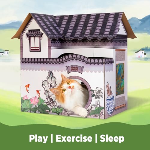 SMILE PAWS Cat Beds for Indoor Cats, Cardboard House with Scratchers, Tea House, Large Sturdy Cat Furniture Condo Cave Tent, Easy to Assemble Pet Toys Accessories Stuffs, Bunny Small Animals - style: Tea House