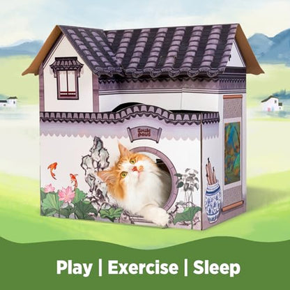 SMILE PAWS Cat Beds for Indoor Cats, Cardboard House with Scratchers, Tea House, Large Sturdy Cat Furniture Condo Cave Tent, Easy to Assemble Pet Toys Accessories Stuffs, Bunny Small Animals - style: Tea House