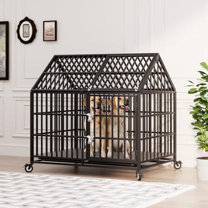 50 inch Heavy Duty Dog Crate with 4 Wheels, Indestructible Escape-Proof Dog Kennel Double Door, High Anxiety Large XXL Cage Indoor with 2 Removable Trays, Max Load Capacity 300lbs - size: 49.2"L x 29.7"W x 46.3"H