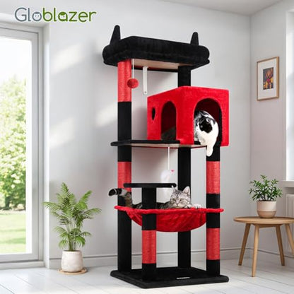 Globlazer Gothic Cat Tree Tower with Scratching Post for Indoor Cats, 53inch Tall Plush Multi-Level Cat Climbing Tower Condo with Large Hammock, Spacious Cat Cave, Padded Top Perch, F53, Red Black - color: Red Black