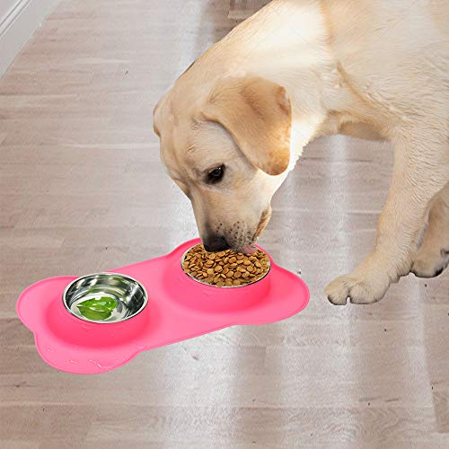 Dog Food Bowls Stainless Steel Pet Food Bowls & Dog Water Bowls, Dog Bowls Silicone Mat No Spill Non-Skid Feeding Bowls for Small Size Dog Puppy Cat Food Dish, Pink, 3 Cup/24oz, Set of 2 Bowls - color: Pink, size: 3 Cup/27 oz each