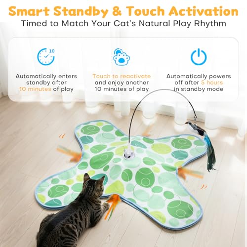 Interactive Cat Toys with Bird, Hide and Seek Cat Toy, 2 in 1 Automatic Moving Concealed Feathers for Indoor Cats, Non-Slip Suction, Touch Activated, USB Rechargeable, Green - color: Green-with Bird