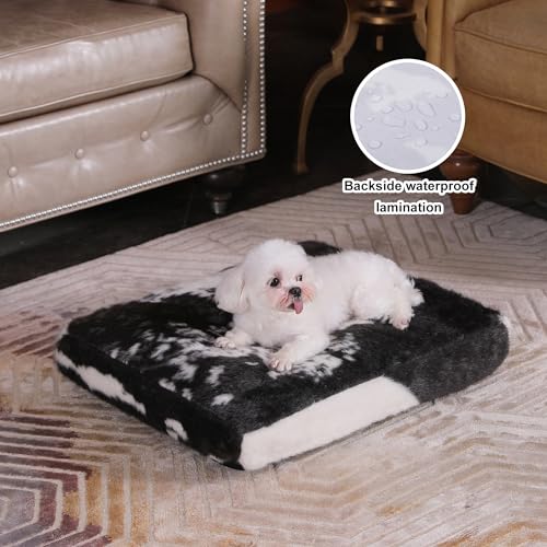 Bedfolks Waterproof Crate Bed, Plush Dog & Cat Bed with Removable Washable Cover, Faux Fur Kennel Pad, 21"x13", Black-White Cowhide - color: Black-white cowhide, size: X-Small(21x13'')