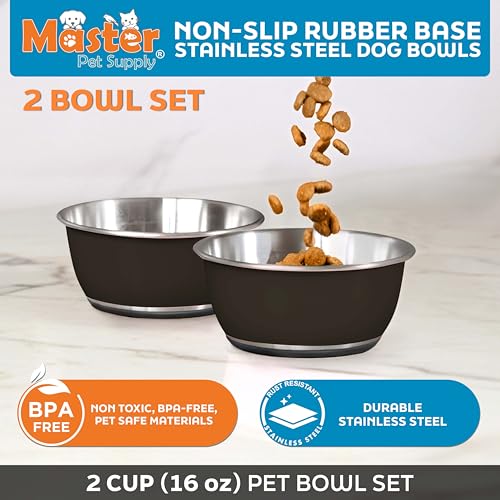Master Pet Supply Stainless Steel Dog Bowls Set of 2 (16 Oz Each) with Non-Slip Rubber Base - Black Velvet - Basic Dog Food Bowl Water & Food Bowls for Small Medium Large Dogs & Cats, Metal Dish - color: Black Velvet, size: 2 Cups (16 oz) 2 Pack