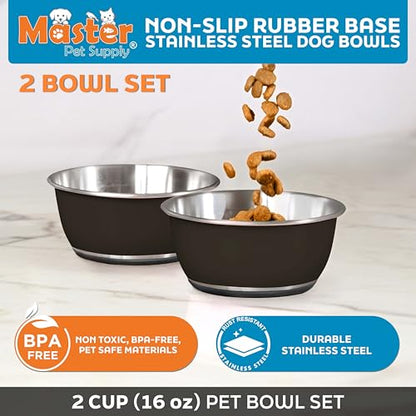 Master Pet Supply Stainless Steel Dog Bowls Set of 2 (16 Oz Each) with Non-Slip Rubber Base - Black Velvet - Basic Dog Food Bowl Water & Food Bowls for Small Medium Large Dogs & Cats, Metal Dish - color: Black Velvet, size: 2 Cups (16 oz) 2 Pack