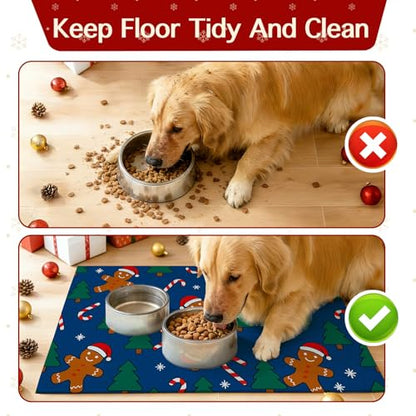 HOMETITUTE Fun Gingerbread Pattern Xmas Pet Placemat Holiday Pet Mat for Food and Water Bowls Spill-Proof Area Pad for Pet Feeding Spaces Easy Clean Mat for Cats Kittens & Small Dogs 20" x 12" - color: brown