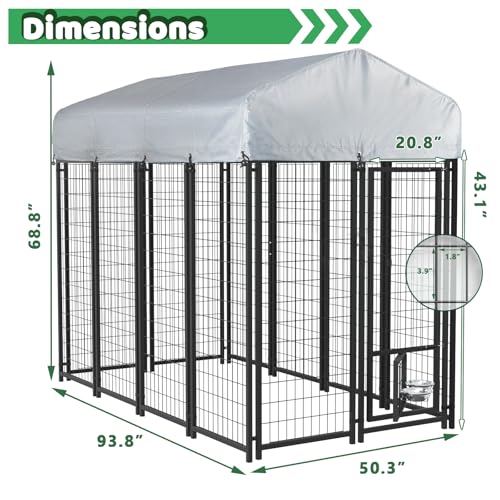 LEMBERI Large Outdoor Dog Kennel 8x4x6 FT, Escape-Proof Dog Run with Double-Latch Gate, Heat-Reflective Sunshade Cover & 2 Stainless Steel Bowls, Heavy Duty Galvanized Steel Dog Cage Enclosure - size: 93.8"L x 50.3"W x 68.8"H