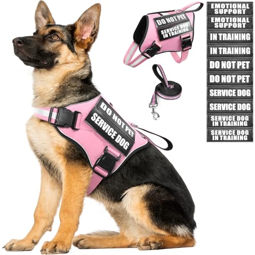 Service Dog Vest Harness and Leash Set+10 Patches,No Pull&Easy Walk Reflective Dog Harness with Soft Padded Handle for Training/Everyday,Fit Small/Medium/Large/Extra-Large Dogs (Pink XL) - color: Pink, size: Extra-large