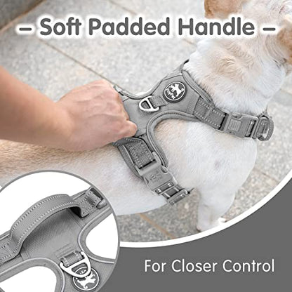 PoyPet No Pull Dog Harness and 5 Feet Leash Set, Release on Neck Reflective Adjustable Pet Vest, Front & Back 2 D-Ring and Soft Padded Pet Harness with Handle for Small to Large Dogs(Grey,M) - color: Grey, size: Medium