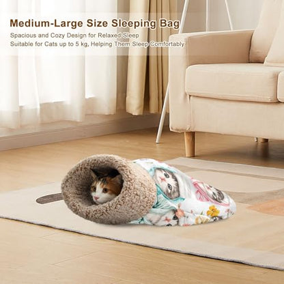 YETTASBIN Self-Warming Cat Sleeping Bag - Cute Kittens Semi-Enclosed Anti-Anxiety Calming Cat Bed Cave, Cozy Plush Pet Snuggle Sack with Soft Fleece Lining for Cat Dog Kitten, 19” x 23”