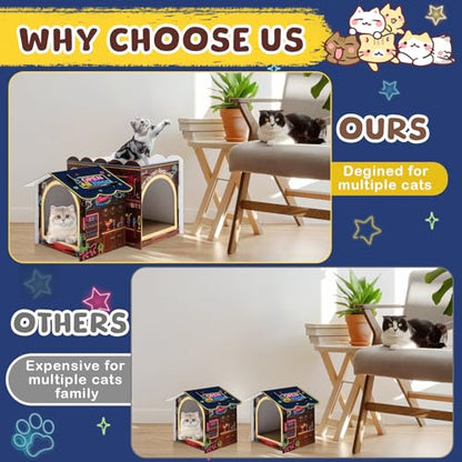 Lineshading 2 Story Cardboard Cat House with Scratcher Pad, Multi Level Durable Cat Scratcher House for Small Kitten Bunny Rabbit Animals Christmas Birthday Gift(17x12x10,Bar) - style: Bar