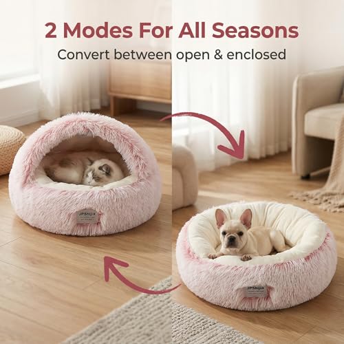 Hooded Dog Bed, Cat Cave Bed with Removable Hood, 2-in-1 Convertible Donut Cat Bed, All Season Fluffy Pet Bed for Cats Small Dogs (Cave Bed - Pink, Medium 19.7 Inches) - color: Cave bed - pink, size: 19.7 in Medium