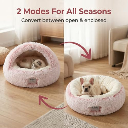 Hooded Dog Bed, Cat Cave Bed with Removable Hood, 2-in-1 Convertible Donut Cat Bed, All Season Fluffy Pet Bed for Cats Small Dogs (Cave Bed - Pink, Large Size 23.6 in) - color: Cave bed - pink, size: 23.6 in Large size