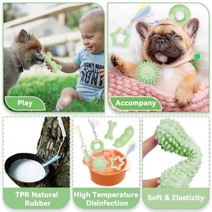 Petcare 6 Pack Small Dog Toys for Small Breed, Cute Green Puppy Teething Toys, Rubber Chew Toys, Essentials to Keep Them Busy, Best Pet Birthday Dog Toys - color: Green