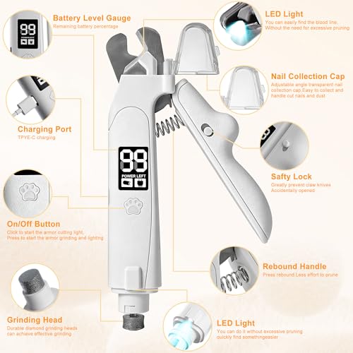 3 in 1 Pet Nail Clipper & Grinder with LED Lights, Ultra Quiet Electric Nail File, USB Rechargeable, 2 Speed Modes & Safety Guard for Small, Medium, Large Dogs and Cats