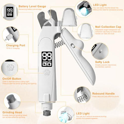 3 in 1 Pet Nail Clipper & Grinder with LED Lights, Ultra Quiet Electric Nail File, USB Rechargeable, 2 Speed Modes & Safety Guard for Small, Medium, Large Dogs and Cats
