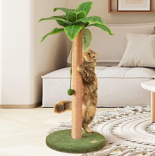 Meowoou Cat Scratching Post 33 Inch Tall Cat Scratcher for Indoor Cats Adults,Small Cat Tree Tower Sisal Rope Kitten Scratch with Interactive Hanging Ball - size: 33 in Green
